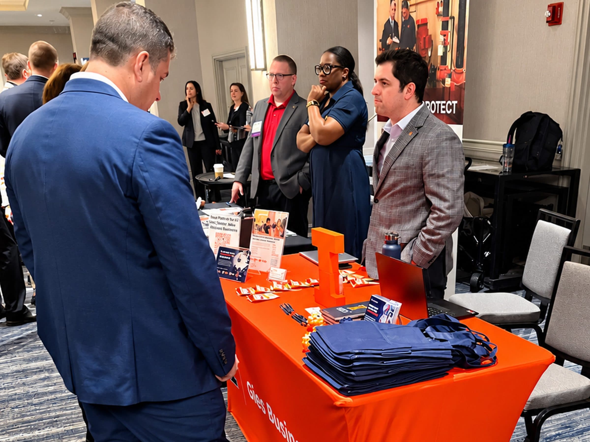 Visitors browse giveaways at an exhibitor table with an orange tablecloth.