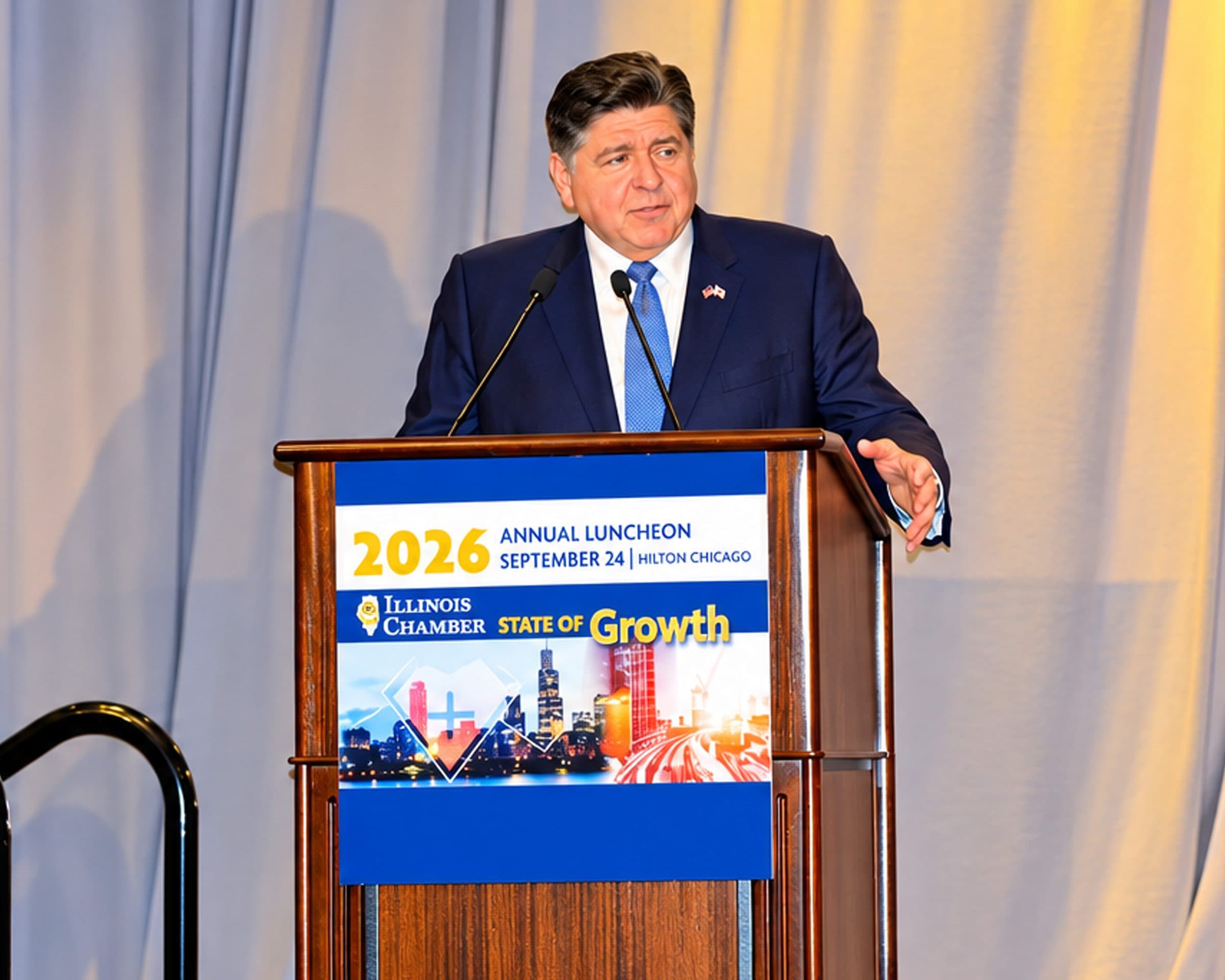 A speaker gestures from the 2026 Annual Luncheon podium.